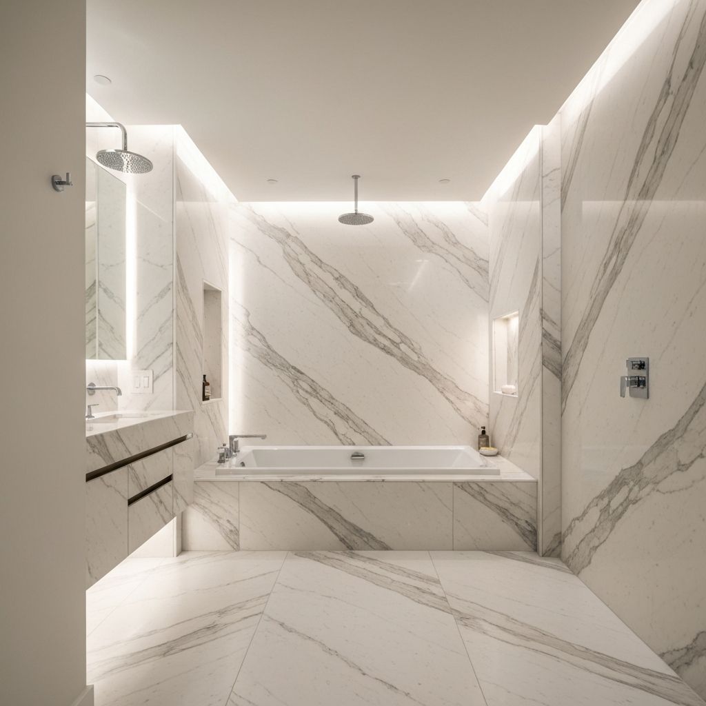 Banheiro luxuoso com acabamentos em mármore
